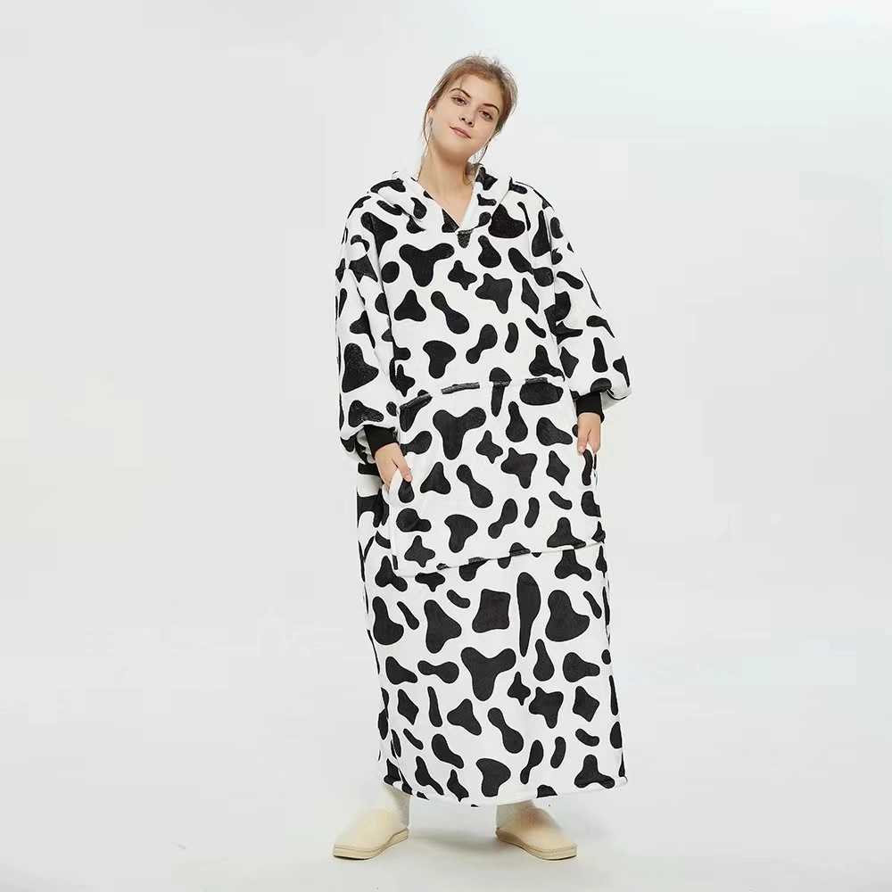 OEM Wholesale Animal Print Adult Sherpa Fleece Flannel Lazy TV Blanket Wearable Hooded Sweatshirt Hoodie Blanket